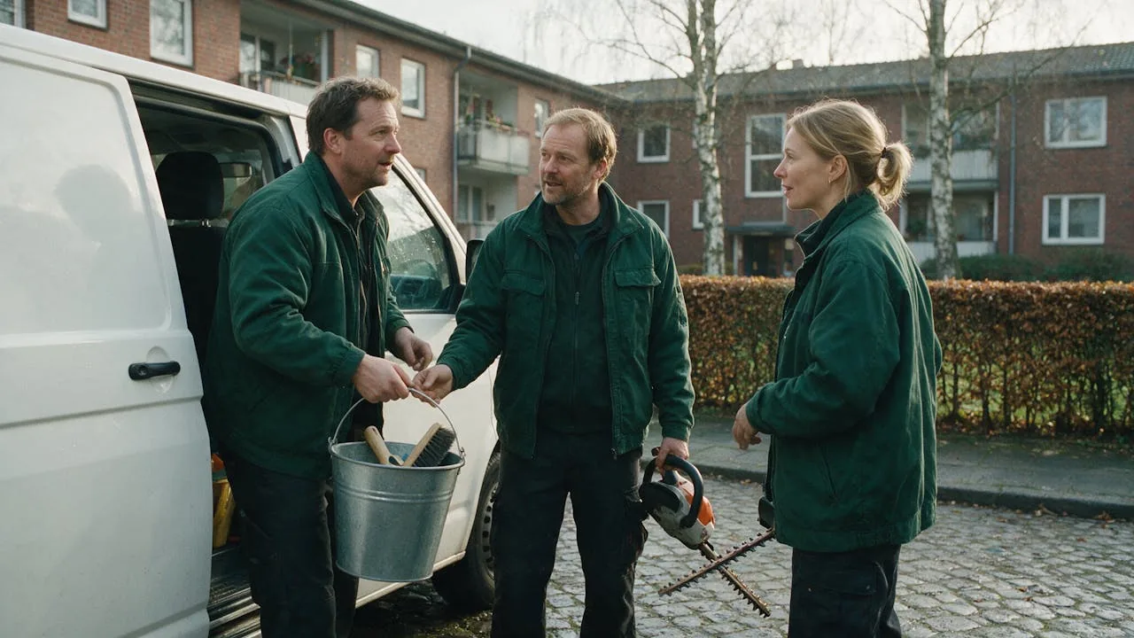 Symbolbild: drei Personen in grünen Arbeitsjacken laden Eimer, Bürsten und einen Heckenschneider aus einem weißen Transporter im Hof einer Backsteinwohnanlage