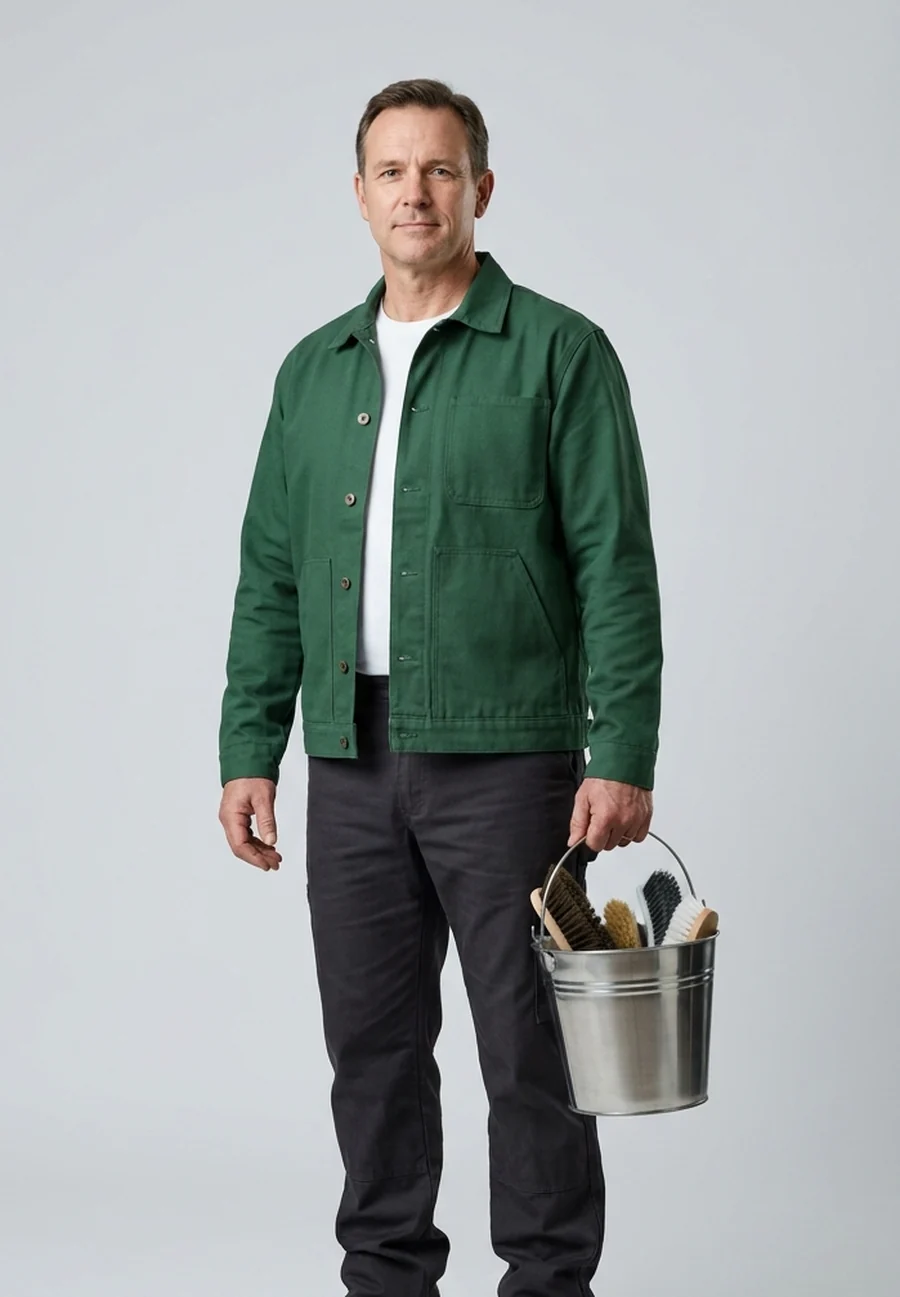 Person in grüner Arbeitsjacke mit einem Eimer voller Reinigungsbürsten